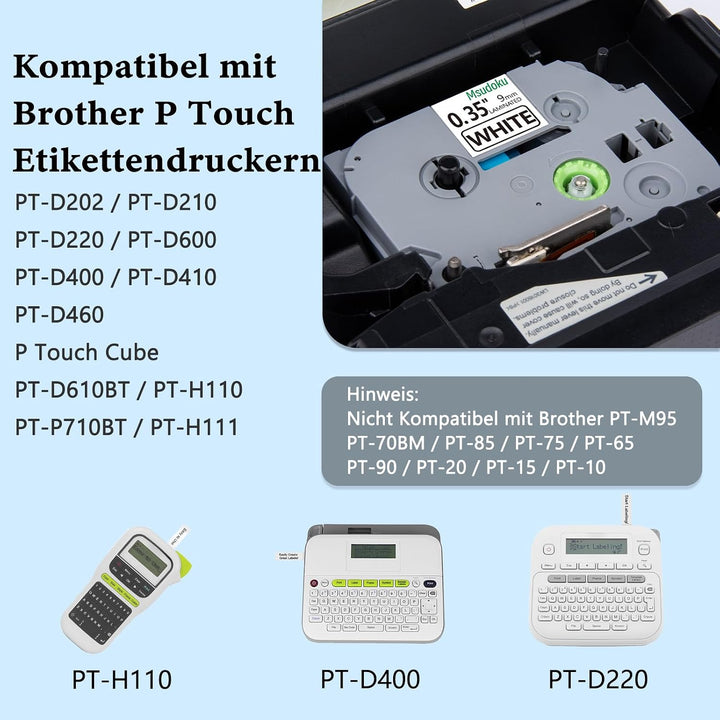 6x Msudoku TZe-221 Kompatibel für Brother P Touch Bänder 9mm 0.35" Weiss, 6