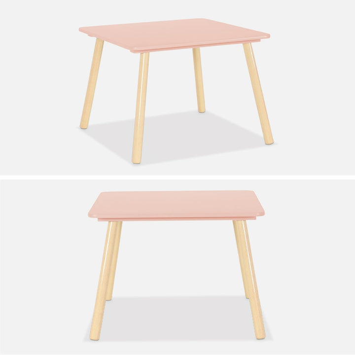sweeek - Quadratischer Kindertisch mit 2 Stühlen, Beine aus Kiefernholz - Judith Rosa, Rosa