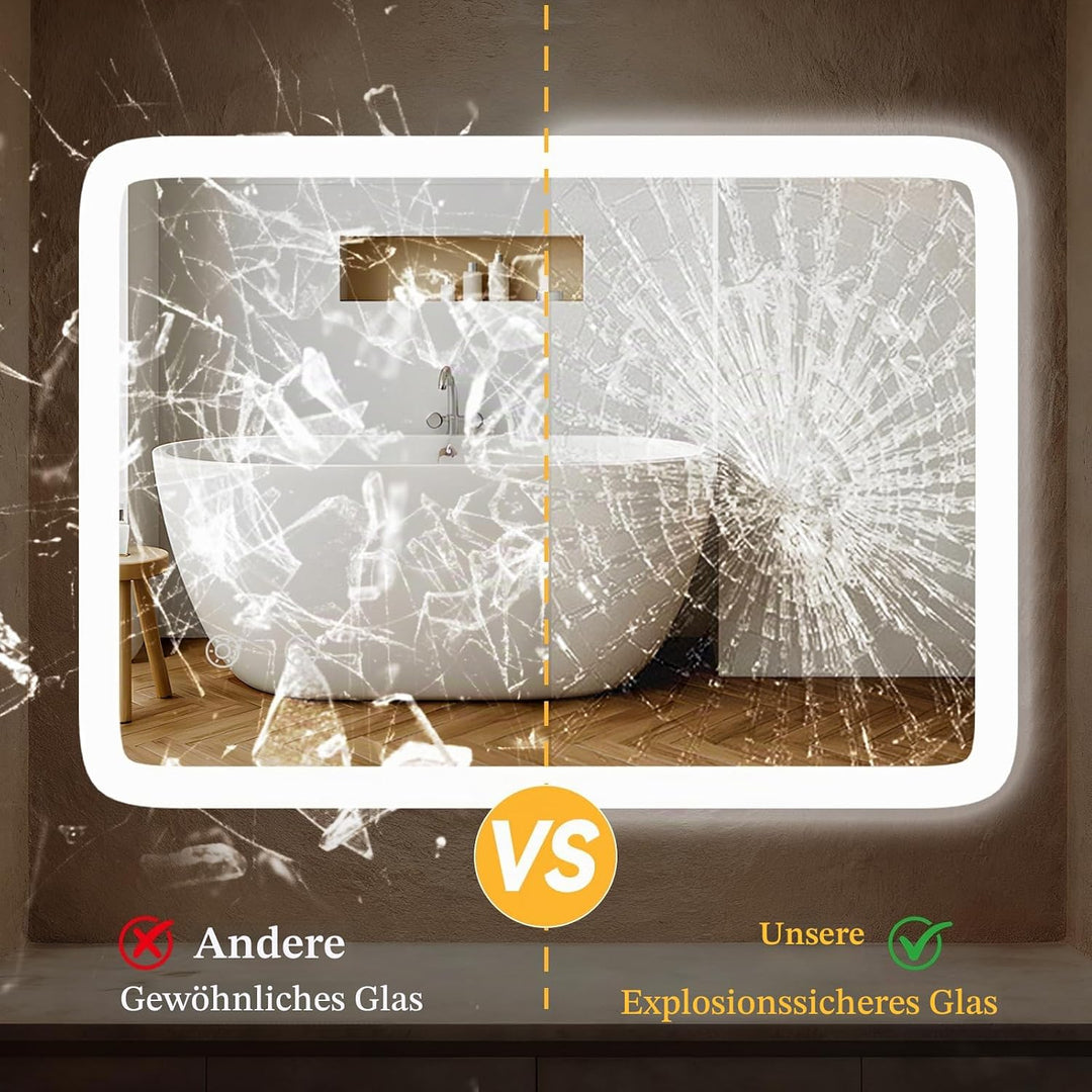 Clevich Badspiegel mit Beleuchtung 80×60 cm, LED Spiegel mit 3 Lichtfarben dimmbar, gehärtetes Glas