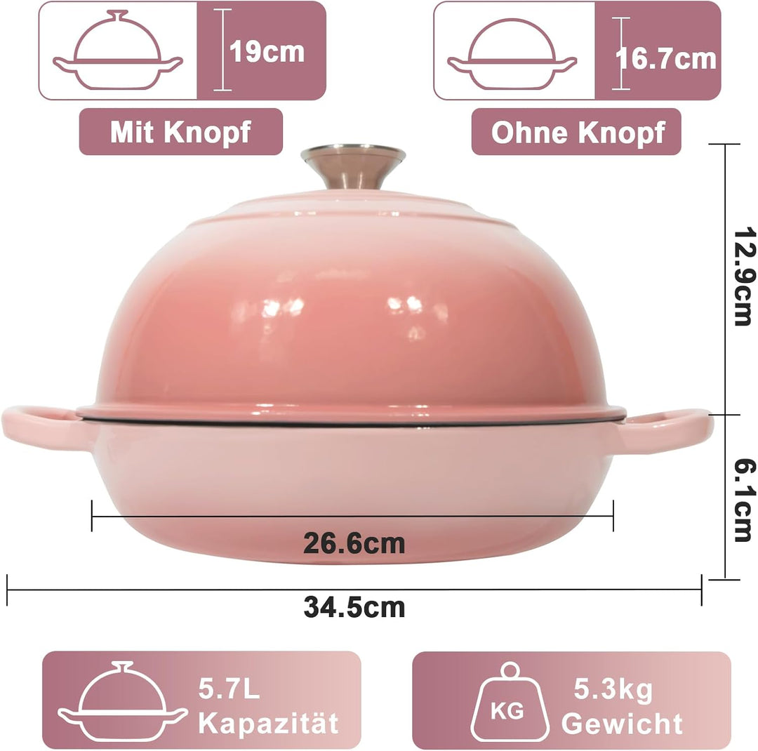 Gusseisen Topf Brot Backen,5,7L Bräter Emaille Schmortopf mit Deckel und Griffen,26 cm Dutch Oven,Br