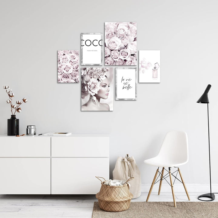 Novart Wandbilder Set Coco Fashion Grau Rosa - KEIN EXTRA RAHMEN BENÖTIGT - Modern Deko - Wohnzimmer