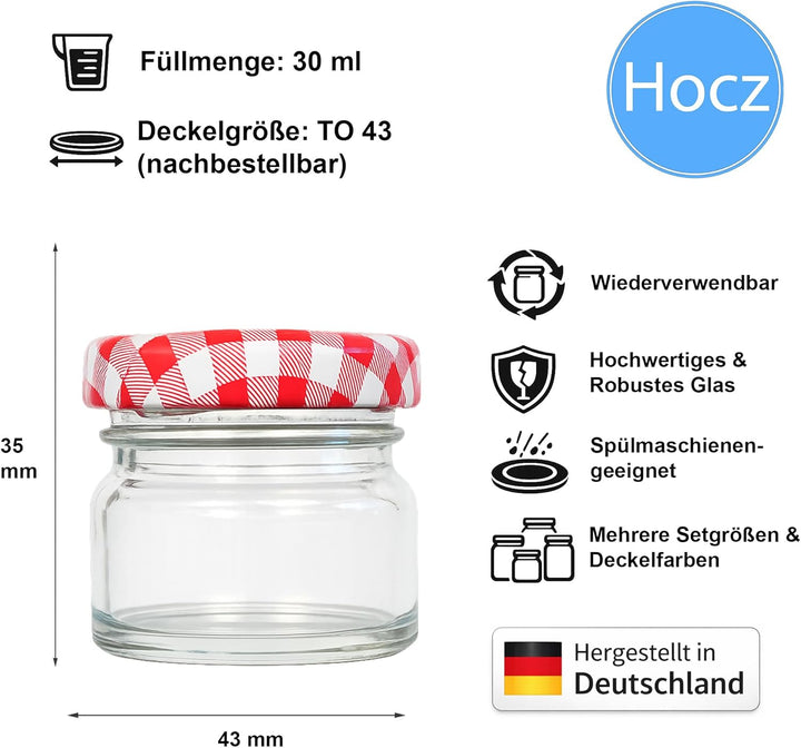 hocz 50x Mini Marmeladengläser 30 ml | mit Deckel Rot Kariert TO 43 | kleine Einmachgläser mit Schra