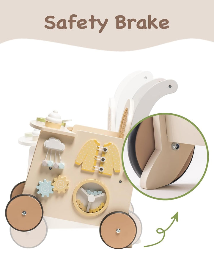 ROBUD Holz lauflernhilfe Baby Walker, 2-In-1 Puppe Lauflernwagen mit Montessori Busy Activity Board