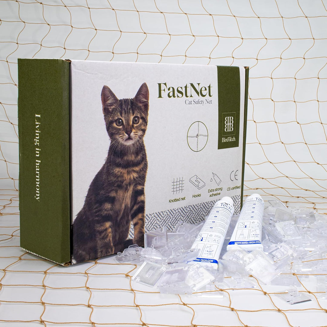 Bird-Tech TM Katzennetz für Balkon und Vögel Steinfarbe + 100 Haken + 2 Transparente Kleber 80ml (8X