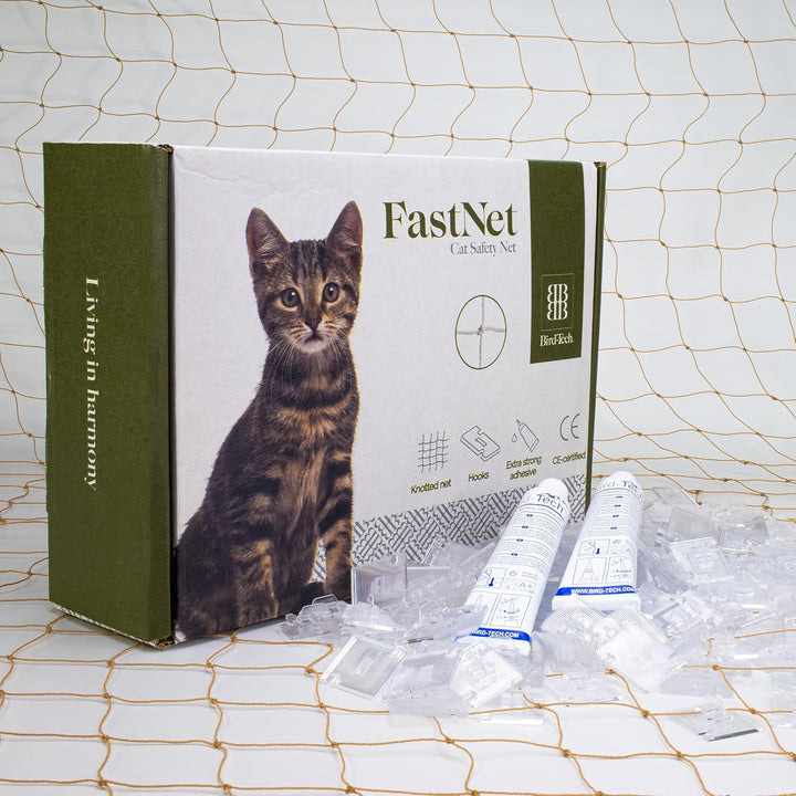 Bird-Tech TM Katzennetz für Balkon und Vögel Steinfarbe + 100 Haken + 2 Transparente Kleber 80ml (8X