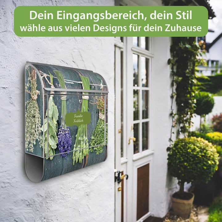 banjado® Design Briefkasten personalisiert mit Motiv Acht Kräuter 39x47x14cm & 2 Schlüssel - Briefka