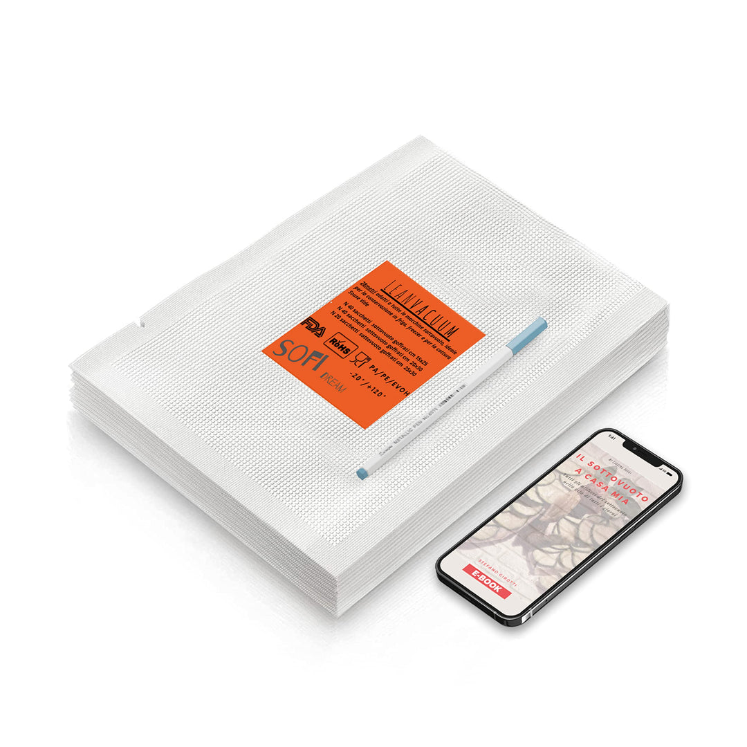 Sofidream Vakuumbeutel für Lebensmittel – 50 geprägte Umschläge x Sous Vide, Rezeptbuch eBook und Pe