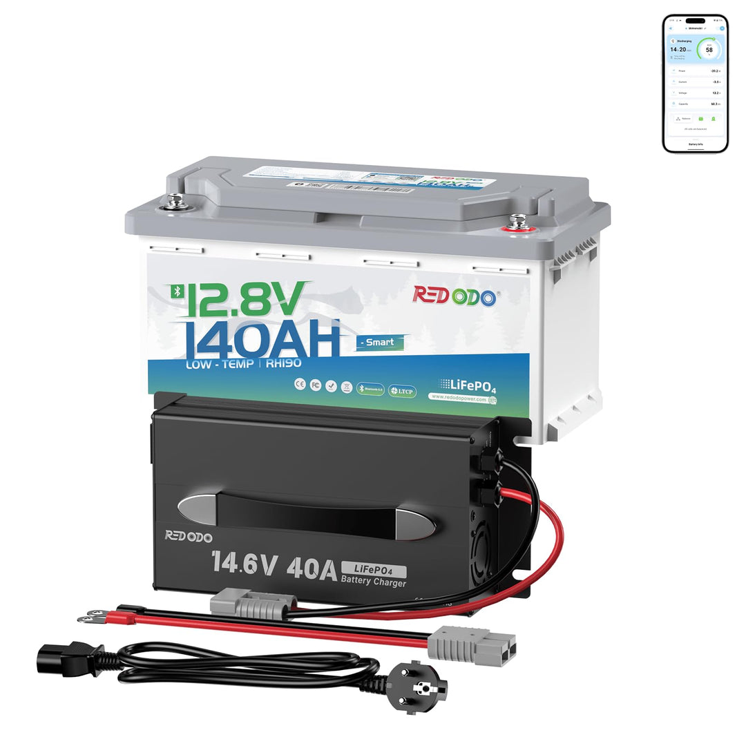 Redodo Smart Bluetooth 12V 140Ah H190 LiFePO4 Batterie mit 14.6V 40A Ladegerät Bluetooth Lithium-Bat