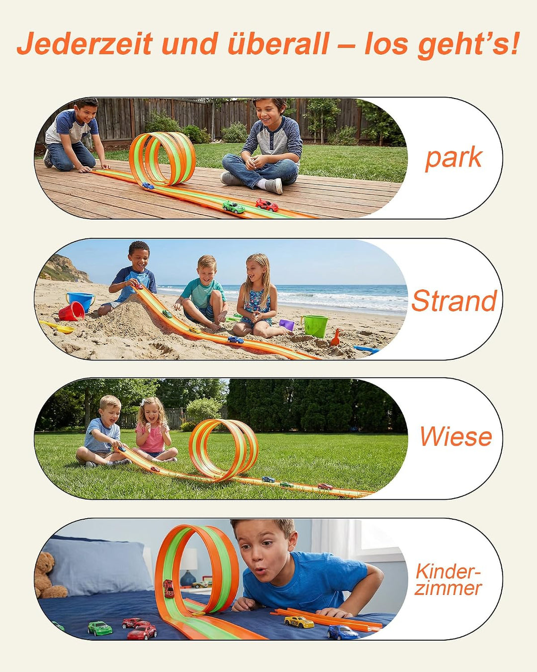 Flexible 3-Spur-Rennbahn für Kinder, 5 m Lange aufrollbare Rennbahn mit 6 Autos, batterieloses Set o
