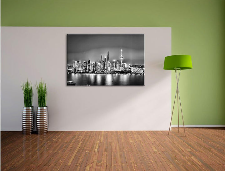 Pixxprint Monocrome, Shanghai Skyline, Format: 100x70 auf Leinwand, 100x70