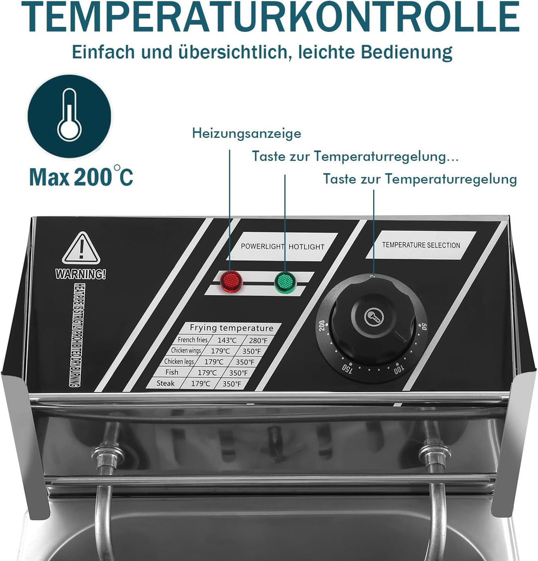 6L Elektrische Fritteuse mit Temperatureinstellung (50-200°C), 220V, 2.5KW, Edelstahl-Ölwanne, Europ