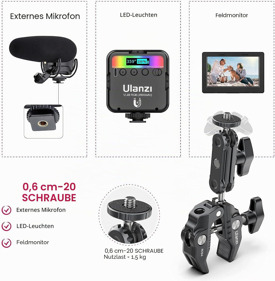 ULANZI R094 Klemmstativ Kamera, Magic Arm mit Super Clamp Crab und 360° Doppelkugelkopf mit 1/4" & 3