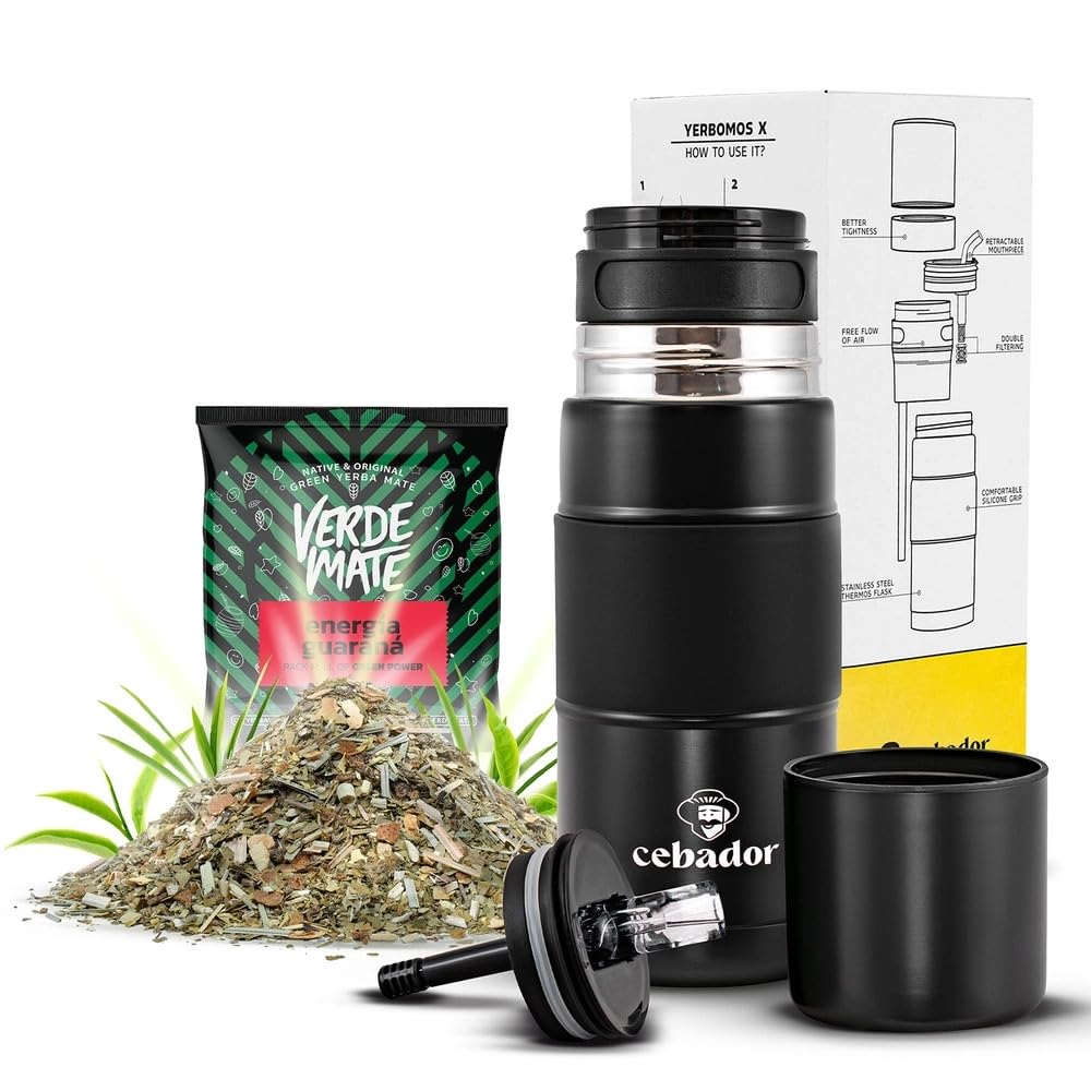 Yerbomos X Set Thermobecher 450ml - Schwarz, Edelstahl - Ideal für Unterwegs - mit Mate Tee Verde Ma