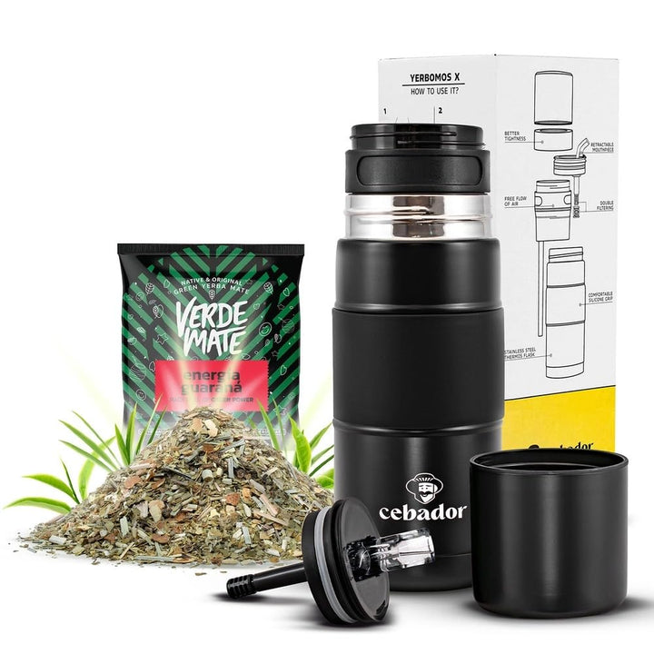 Yerbomos X Set Thermobecher 450ml - Schwarz, Edelstahl - Ideal für Unterwegs - mit Mate Tee Verde Ma
