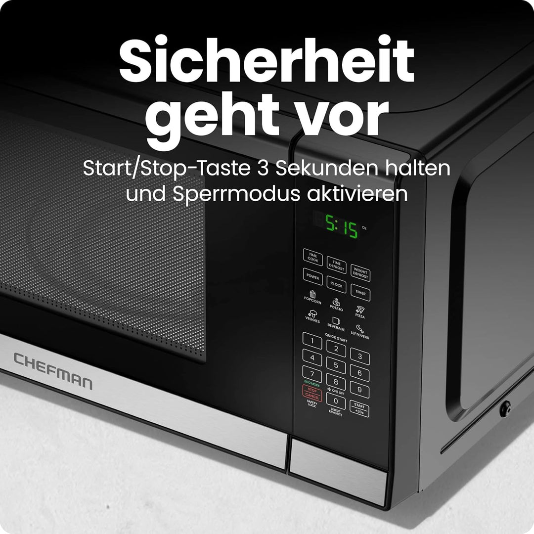 Chefman Mikrowelle 20L 800W 6 Voreinstellungen 10 Leistungsstufen Digitalanzeige Eco-Modus Memory-Fu