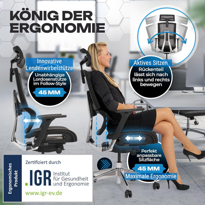 VALKENSTOL M7 Bürostuhl Ergonomisch mit Adaptiver Lordosenstütze Chefsessel Ergonomischer Bürostuhl