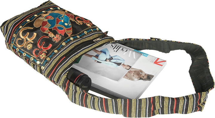 Tribe Azure Fair Trade Damen Hobo OM Schwarz Kreuz Body Schulter Tasche Elefant Bestickt Schule Allt