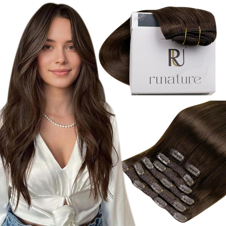 RUNATURE Clip in Extensions Echthaar Mittelbraun Remy Extensions Clips in Echthaar Doppelt Tressen E