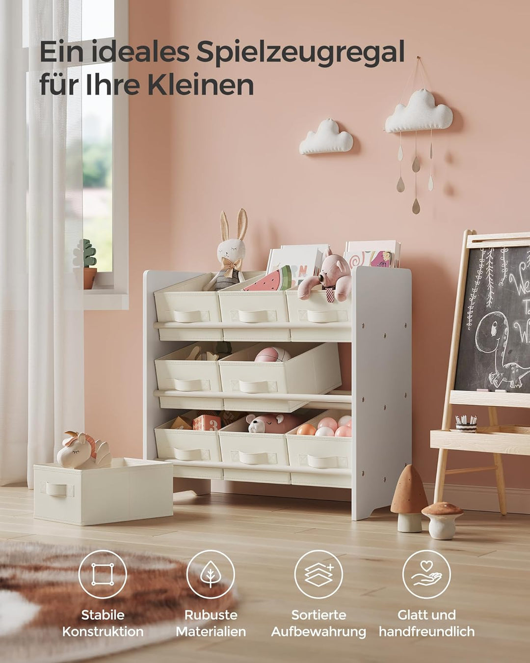 SONGMICS Kinderregal, Spielzeugregal, Bücherregal Kinder, mit 9 Aufbewahrungsboxen aus Vliesstoff, K