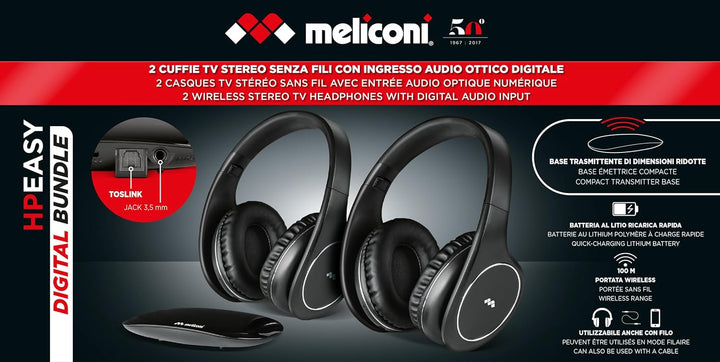 Meliconi HP Easy Digital Bundle, 2 drahtlose Stereo-TV-Headsets, 100% digital, mit analogem/digitale