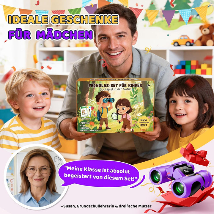 GeschenPark Fernglas Abenteuer Set mit Entdeckungskarten – Kompass – Lupe, Violett 8X-Violett, 8X-Vi