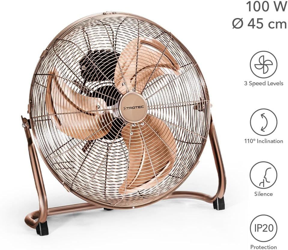 TROTEC Bodenventilator TVM 17 – 100 Watt, Neigungswinkel 110°, 3 Stufen, Ø 45 cm, kippfester Stand,
