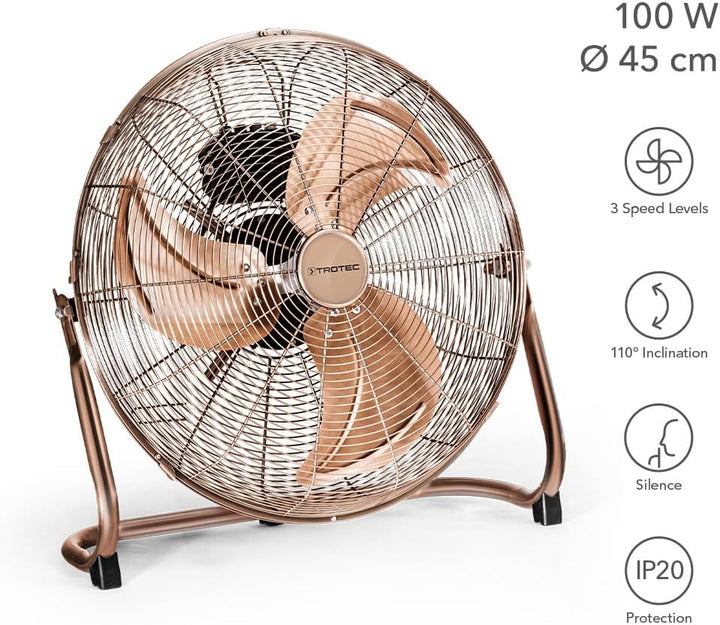 TROTEC Bodenventilator TVM 17 – 100 Watt, Neigungswinkel 110°, 3 Stufen, Ø 45 cm, kippfester Stand,