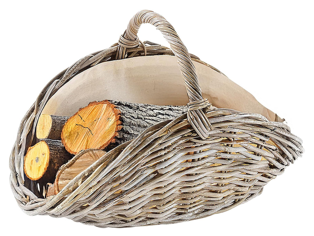 Kobolo Kaminholzkorb oval Kubu grey aus Rattan mit Henkel und Leinen ausgeschlagen Grau Leinen, Grau