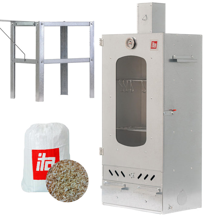 ITA Räucherofen 7012 - Smoker Set mit Tisch & Räucherspänen - Räucherschrank mit 3 Etagen - Legierte
