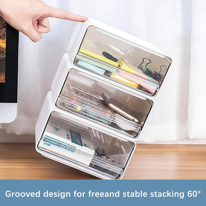 4 Stück Stapelbar Schreibtisch Organize mit 4 Schubladen, Transparent Weiss Schubladenboxen mit Etik