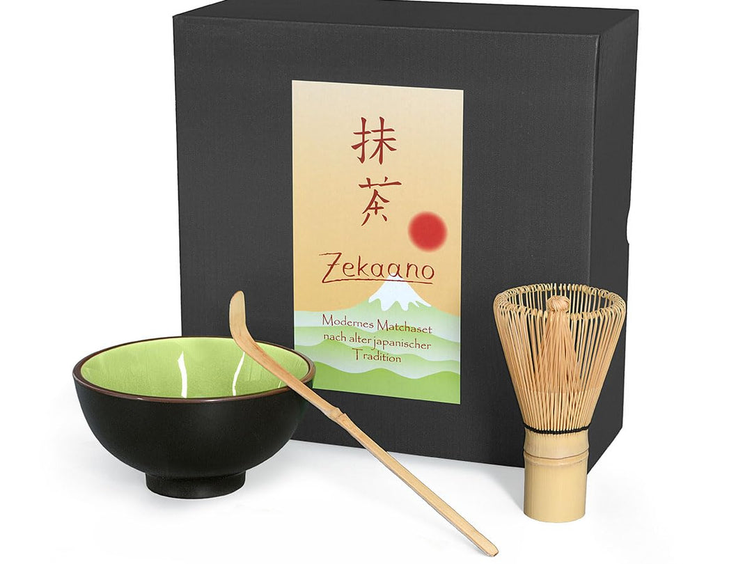 Matcha-Set 3-teilig sommergrün, bestehend aus Matcha-Schale, Matcha-Löffel und Matcha-Besen (Bambus)