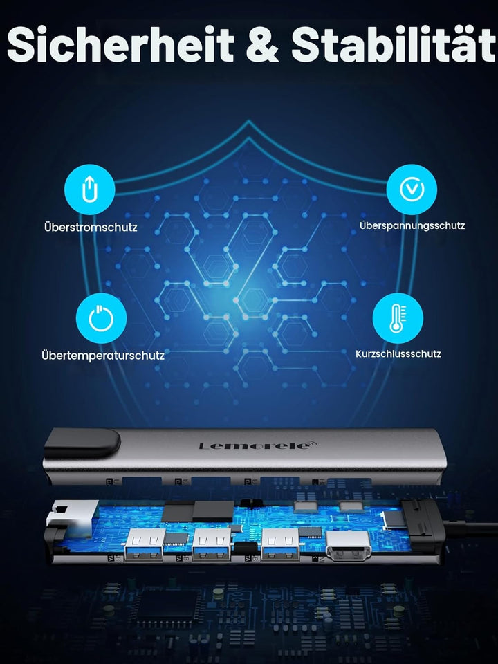Docking Station USB C, Lemorele USB C Hub 9 in 1 Aluminiumgehäuse mit 1 Gbps Ethernet, 4K HDMI, 100W