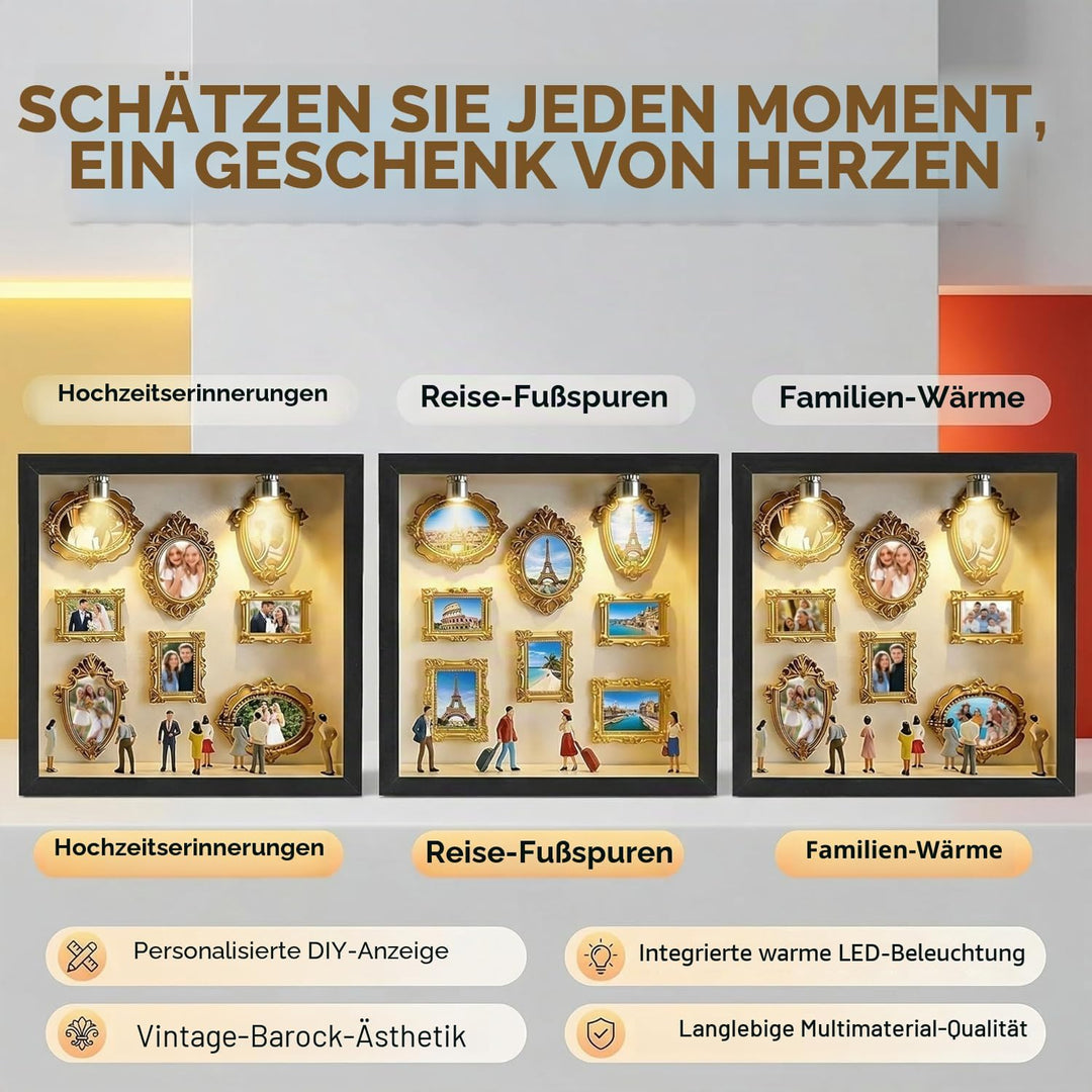 DIY Mini Museum Bilderrahmen Set mit LED Licht, Silhouettenbox mit 8 Mini Goldrahmen & Figuren, Krea