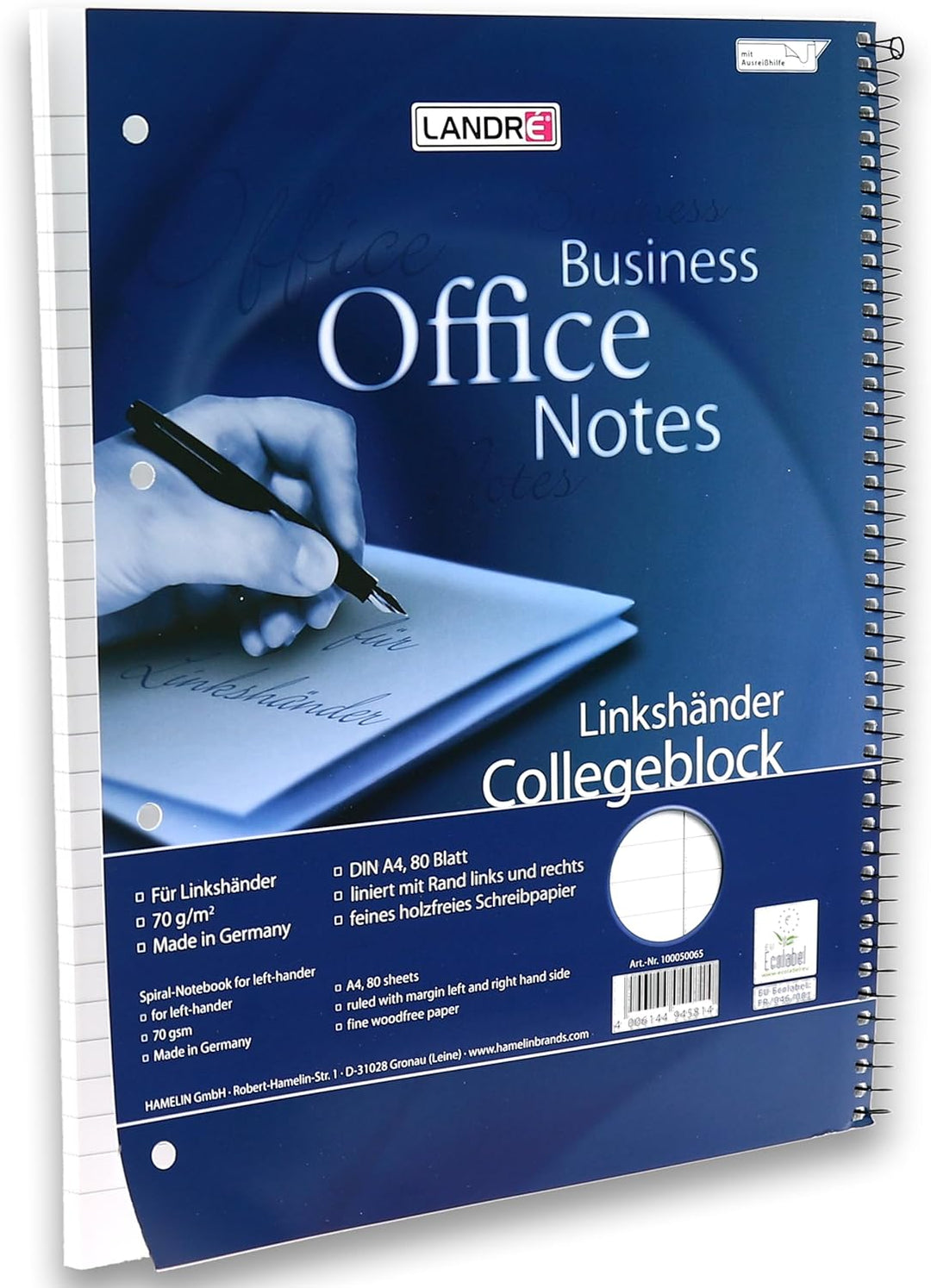 Landré Linkshänder-Collegeblock A4 liniert, 80 Blatt, gelocht, blau, 10 Stück, liniert