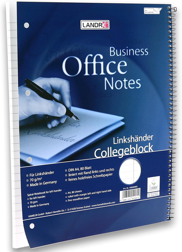 Landré Linkshänder-Collegeblock A4 liniert, 80 Blatt, gelocht, blau, 10 Stück, liniert