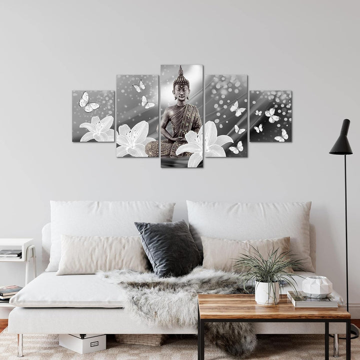 Runa Art Wandbilder Buddha Blumen 5 Teilig Bild auf Vlies Leinwand Deko Wohnzimmer Schmetterling Sch