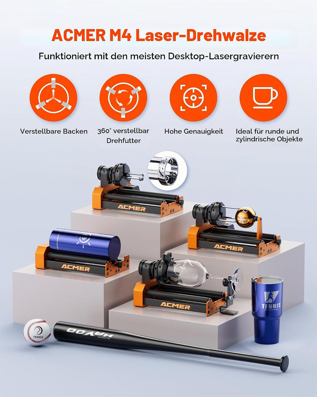 Laser Rotary Roller ACMER M4 Laser-Rotationswalze, 360° Y-Achsen-Drehrolle für Lasergravierer,3-150m