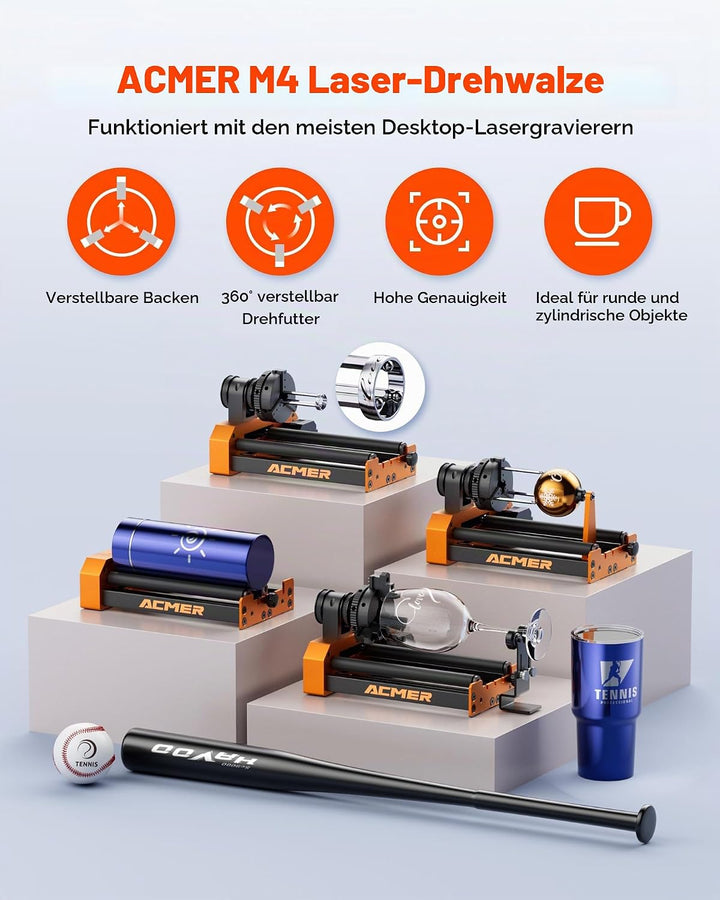 Laser Rotary Roller ACMER M4 Laser-Rotationswalze, 360° Y-Achsen-Drehrolle für Lasergravierer,3-150m