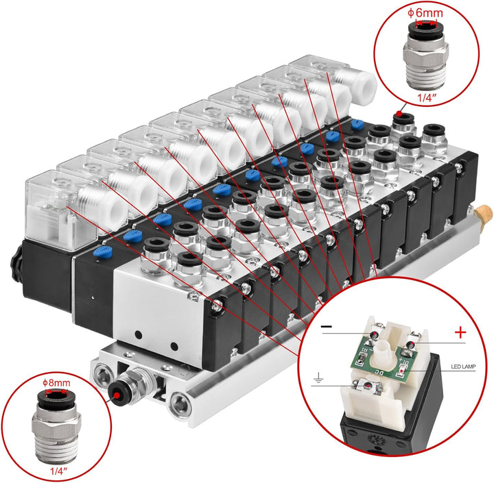 Heschen Magnetventil 10fach, 4V210-08, 24VDC, PT1/4 Zoll, 5 Wege 2 Position, mit Unterschalldämpfer