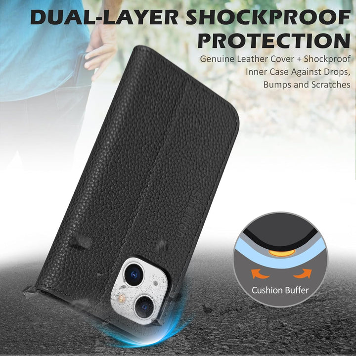 SHIELDON Hülle für iPhone 13 Handyhülle [Litschi Echtleder] [Verdicht TPU] [Kartenfach] [Magnet] [St