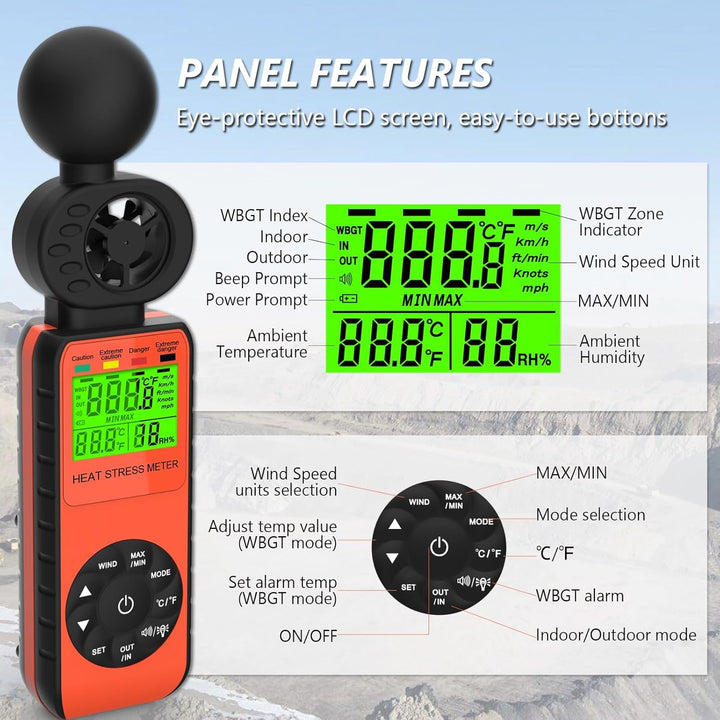 Windmesser Windmessgerät WBGT 881W Heat Stress Meter mit Feuchtkugeltemperatur, Gefahrenpegelanzeige