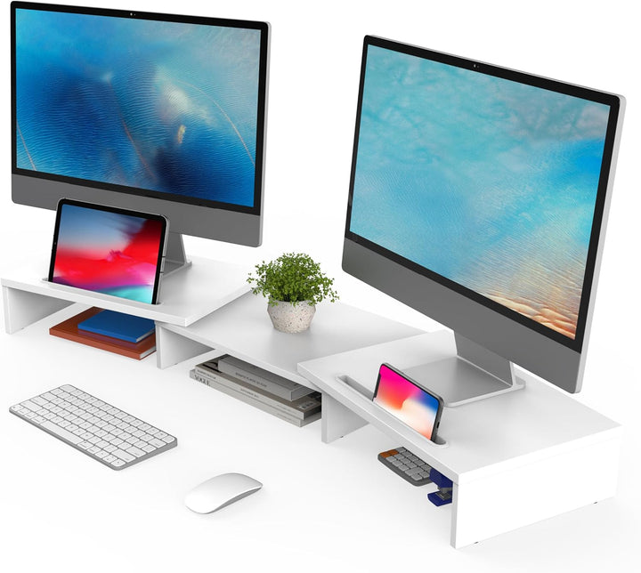 FITUEYES Dual Monitor Ständer Holz Farbe Holz drehbar Länge Verstellbar mit Halteschlitz für Smartph