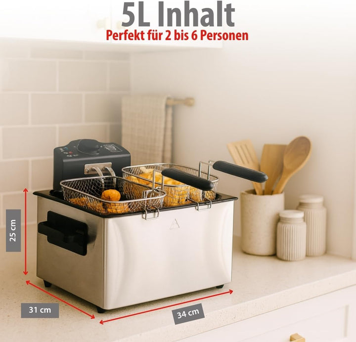 alpina Friteuse 5 Liter - Friteuse mit Fett - Friteuse Öl 200W - Zwei Frittierkörbe - Einstellbare T