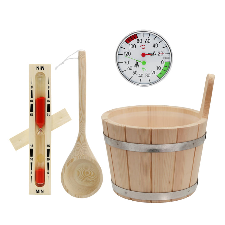 HAF® Saunakübel Set Nadelholz 5 Liter mit Einsatz, 40cm Saunakelle Kiefernholz, Sanduhr und Klimames