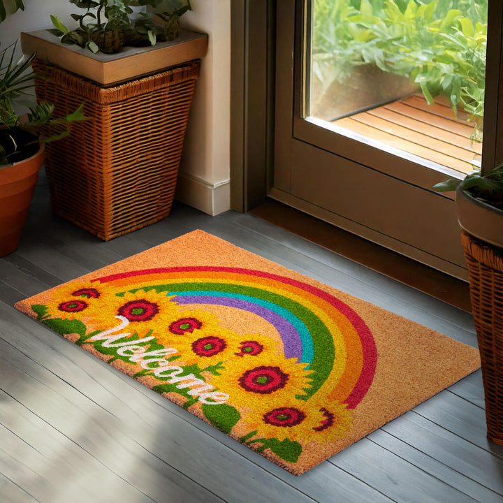 BRUBAKER Fussmatte für Aussen und Innen - Welcome mit Sonnenblumen und Regenbogen - 45 x 75 cm Blume