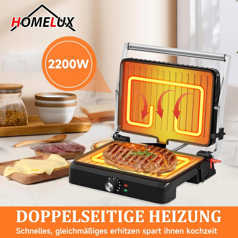 HOMELUX Kontaktgrill, Sandwichmaker, Panini Grill 2200W, Toaster Sandwichtoaster für Fettfreies Gril