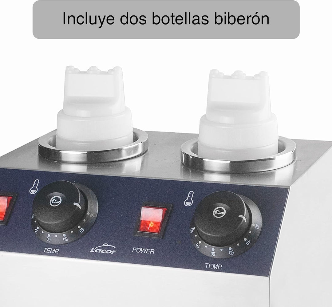 LACOR 69242 Flaschenwärmer aus Edelstahl, Trockenheizung, Thermostat C-80 °C, inkl. 2 Fläschchen mit