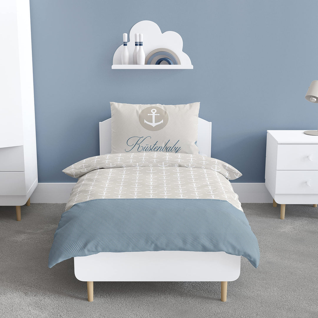 Anker Kinder-Bettwäsche 100x135 + 40x60 cm, Küstenbaby Maritime Babybettwäsche, Kleinkinderbettwäsch