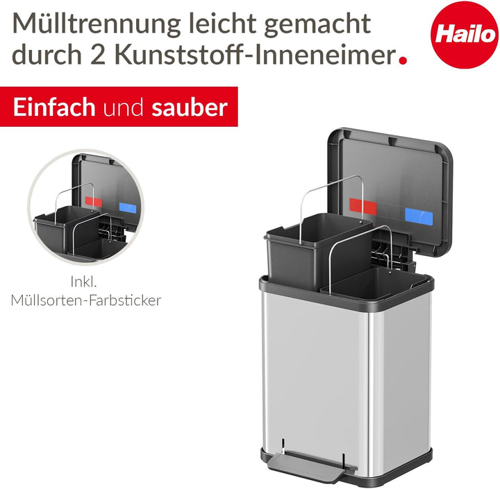 Hailo Öko duo Plus M Tret-Mülltrenner - freistehender 2 x 9 Liter Doppelmülleimer aus Edelstahl - Mü