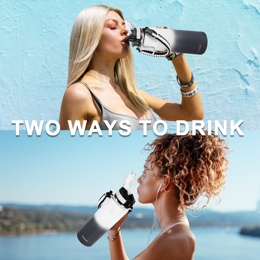 TOPBADE 700ml Edelstahl Trinkflasche Sport mit 2 Deckel (Strohhalm/no Strohhalm), 0.7L BPA-Frei Ausl